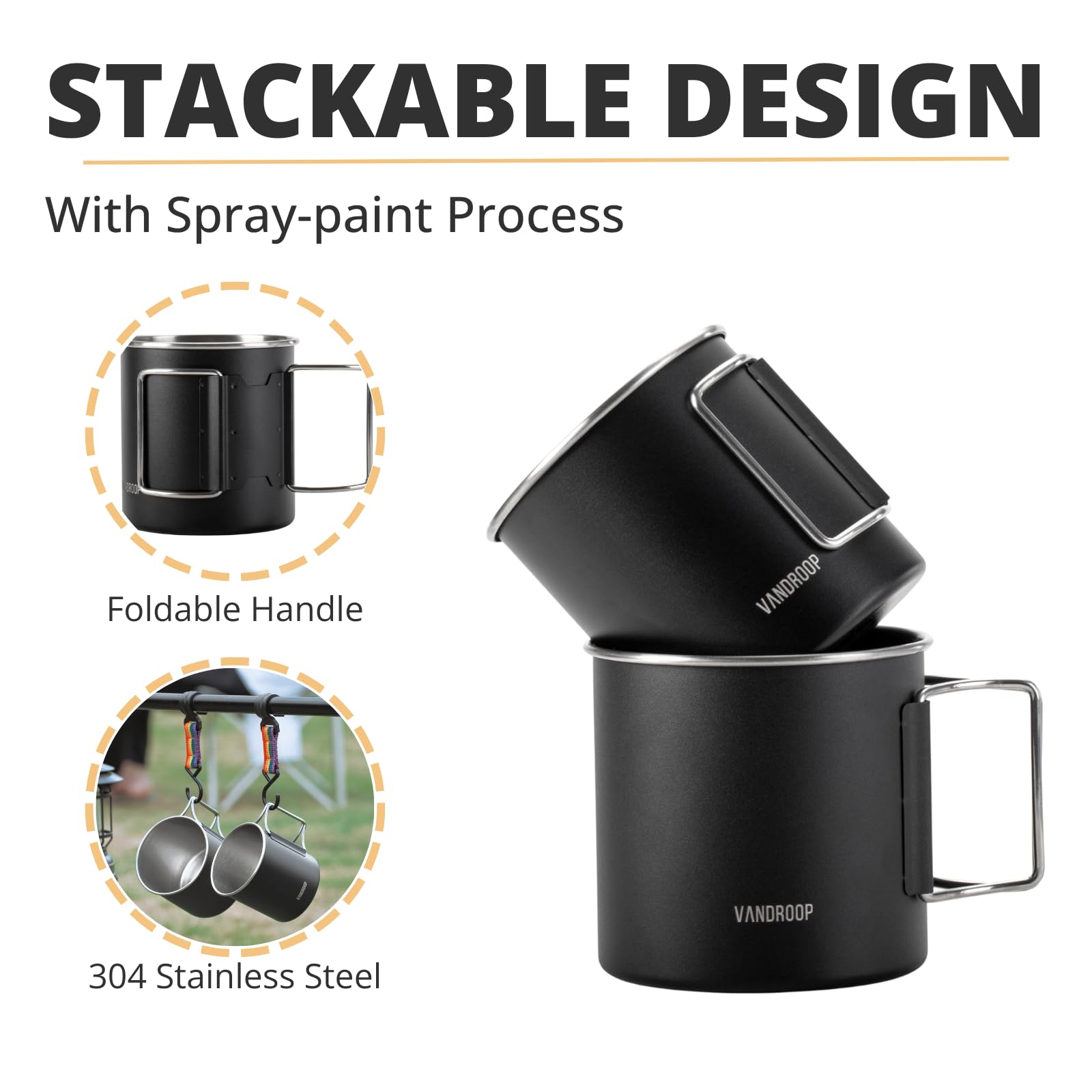 Vandroop Juego de cafetera para camping, juego de viaje V60, gotero de café de silicona plegable, 2 tazas portátiles de acero inoxidable, con 10 filtros de papel V60 (color negro, para 2-3 personas)