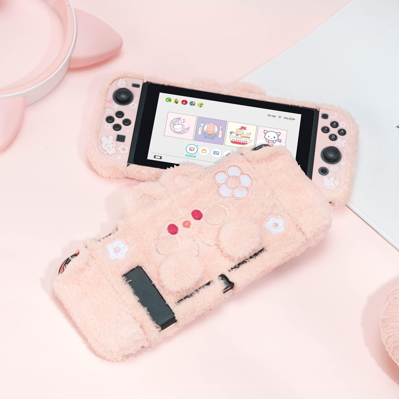 GeekShare Coque de Protection en Peluche Mignonne Compatible avec Switch et Joy Con - Absorption des Chocs et Anti-Rayures - Lapin en Peluche