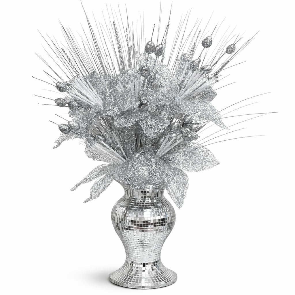 Segoy Silver Silevr Ornament Bling Diamond Gift Crystallized Romany Flower Vase Mosaic Italian Blingy Vase With Flower Arrangement Crushed Diamond Display Present Home Decor Vase 30Cm Flower 35Cm
