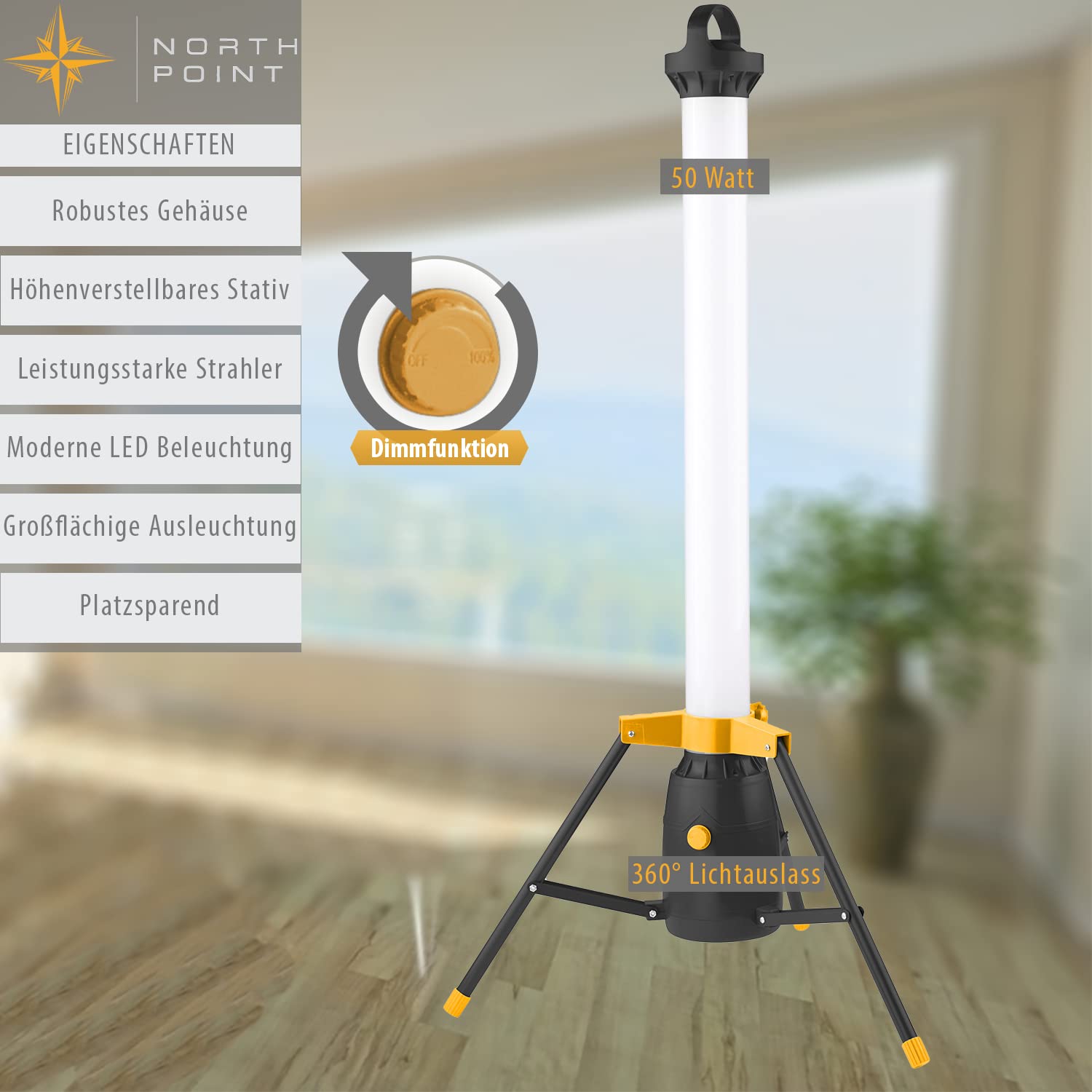Northpoint LED wieża reflektor budowlany reflektor roboczy 360° 50W 110cm wysokości 5000K barwa światła białe światło dzienne współczynnik oddawania barw Ra > 90 ściemniania