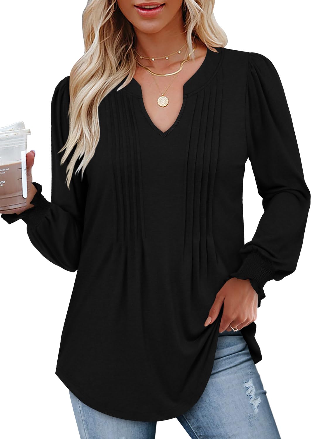 onlypuff Womens V Neck Tunic Tops Puff Long Sleeve T-Shirt Pleated Fashion Blouse Shirts S-3XL