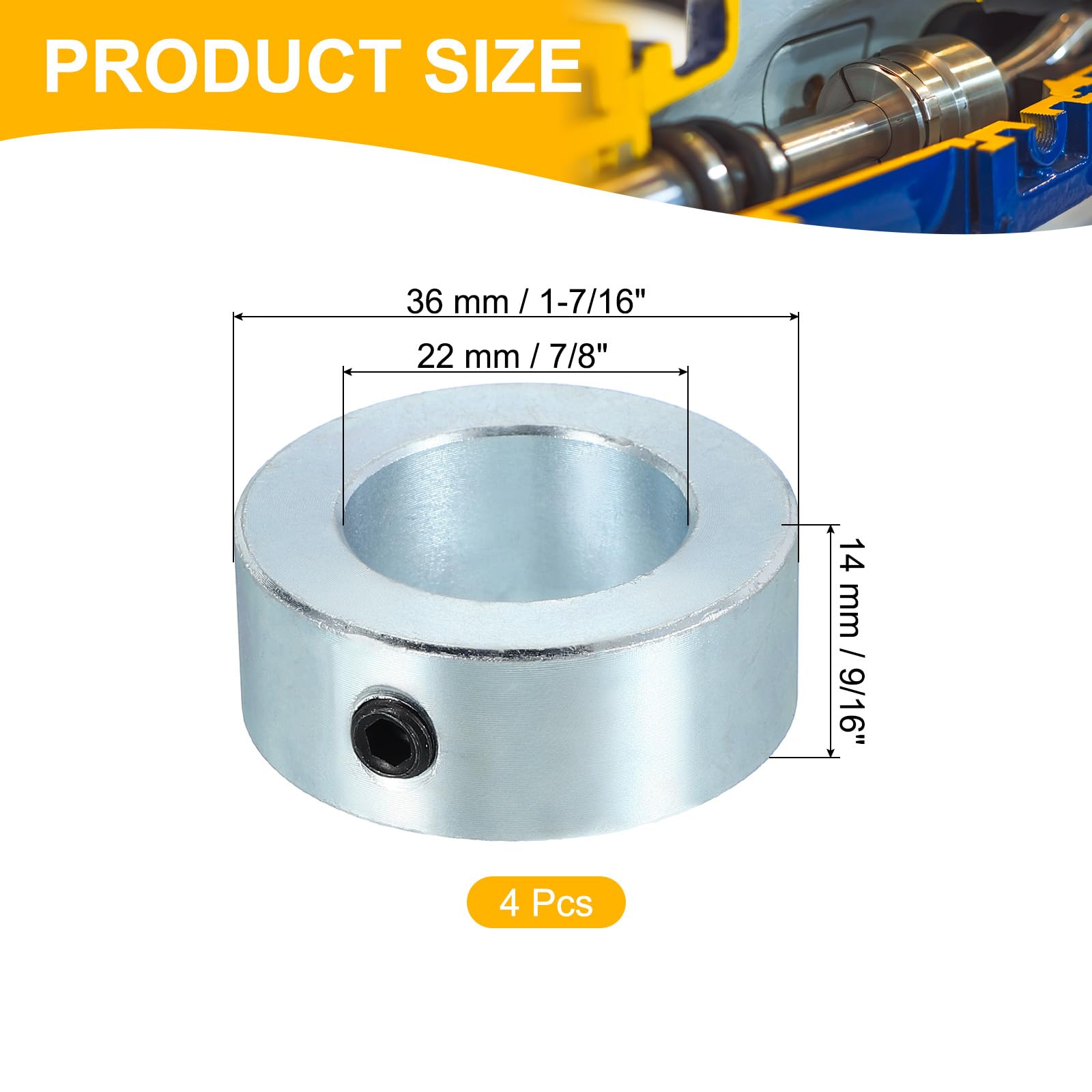 PATIKIL Bague de Réglage Alésage 22 mm Collier d'Arbre 36 mm OD 14 mm Épaisseur, 4 Pcs Acier au Carbone pour Roue de Butée de Train d'Atterrissage avec M6 Vis de Réglage et Clé, Argent