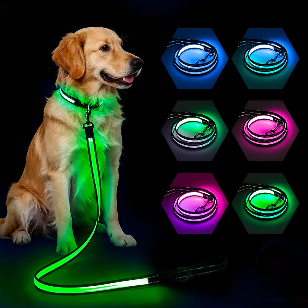 PZRLit LED Dog Leash, Rechargeable Light Up Dog Leash with 7 Lighting Modes, Full-Length Glowing Reflective for Night Walking, 5FT Heavy Duty Dog Leash for Small Medium Large Dogs
