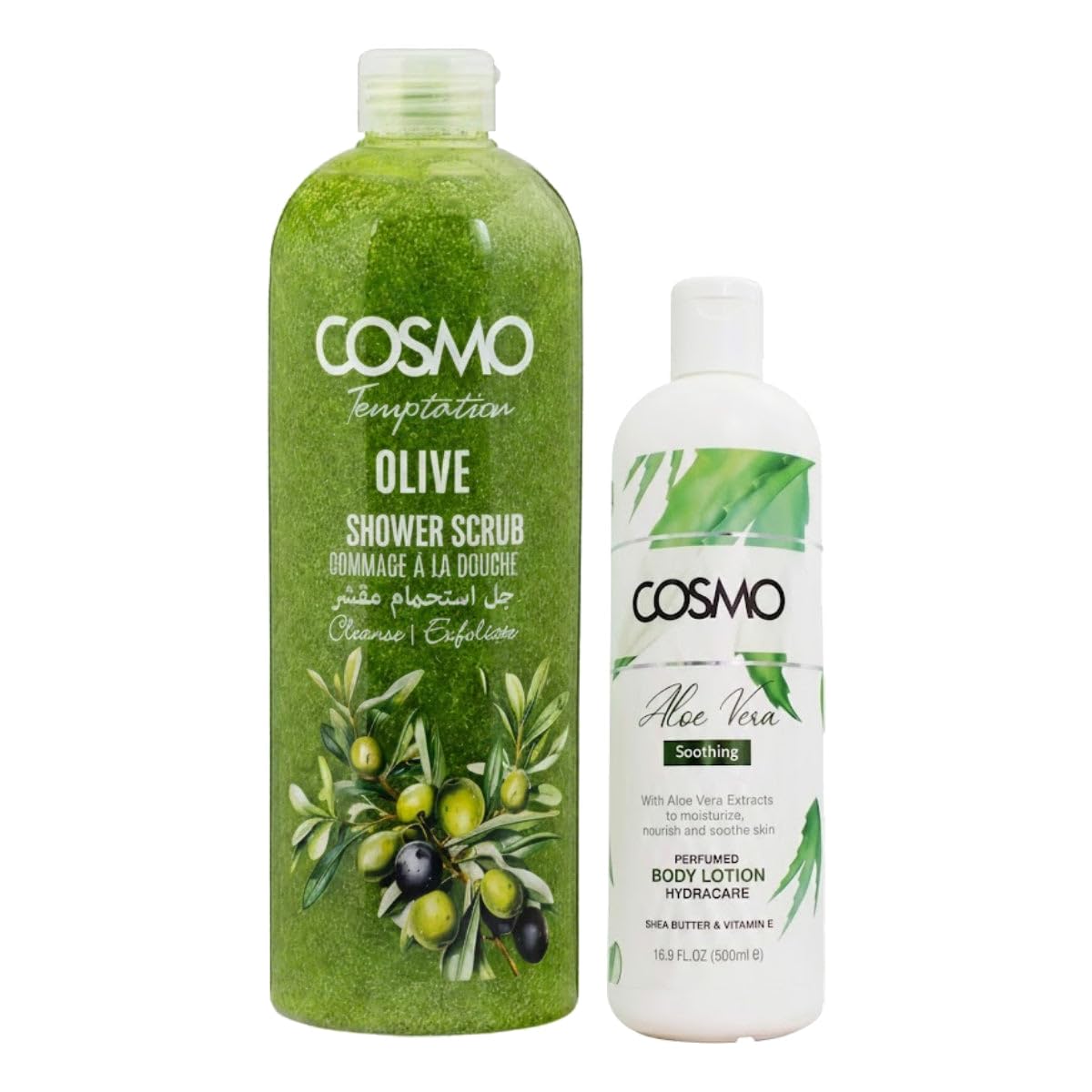 Cosmo Temptation Soothing Olive & Aloe Vera Bath & Body Care Set | Shower Scrub 1000ml & Body Lotion 500ml | Exfoliating & Moisturizing Set | Enriched With Shea Butter & Vitamin E | For Men & Women-image-26