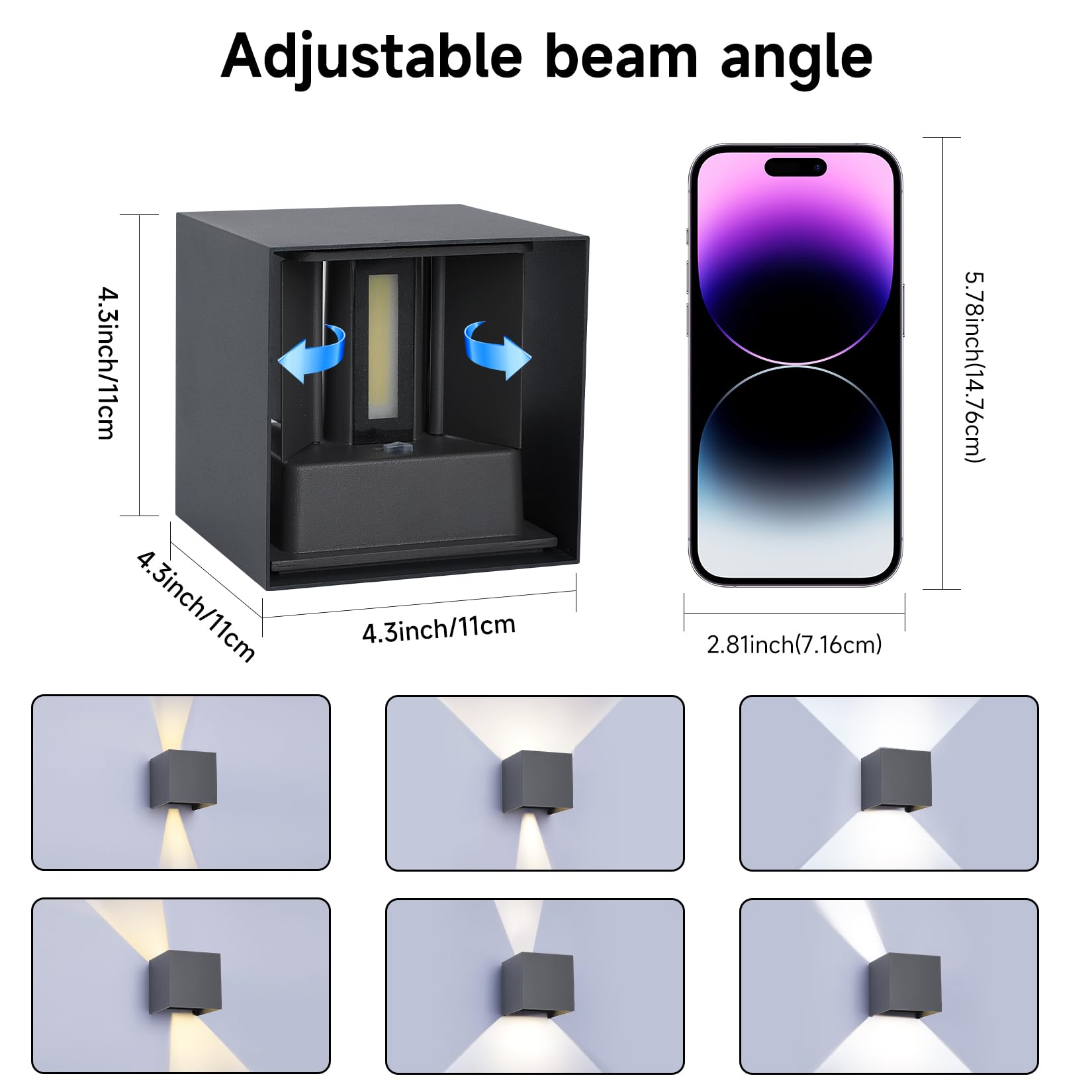 LED 15W Lampada da Parete Esterno/Interno Regolabile 3 colori Cubo 11CM IP65 Impermeabile Lampade da Esterno Parete Applique Esterni Quadrata Angolo del Fascio Regolabile Moderne Antracite