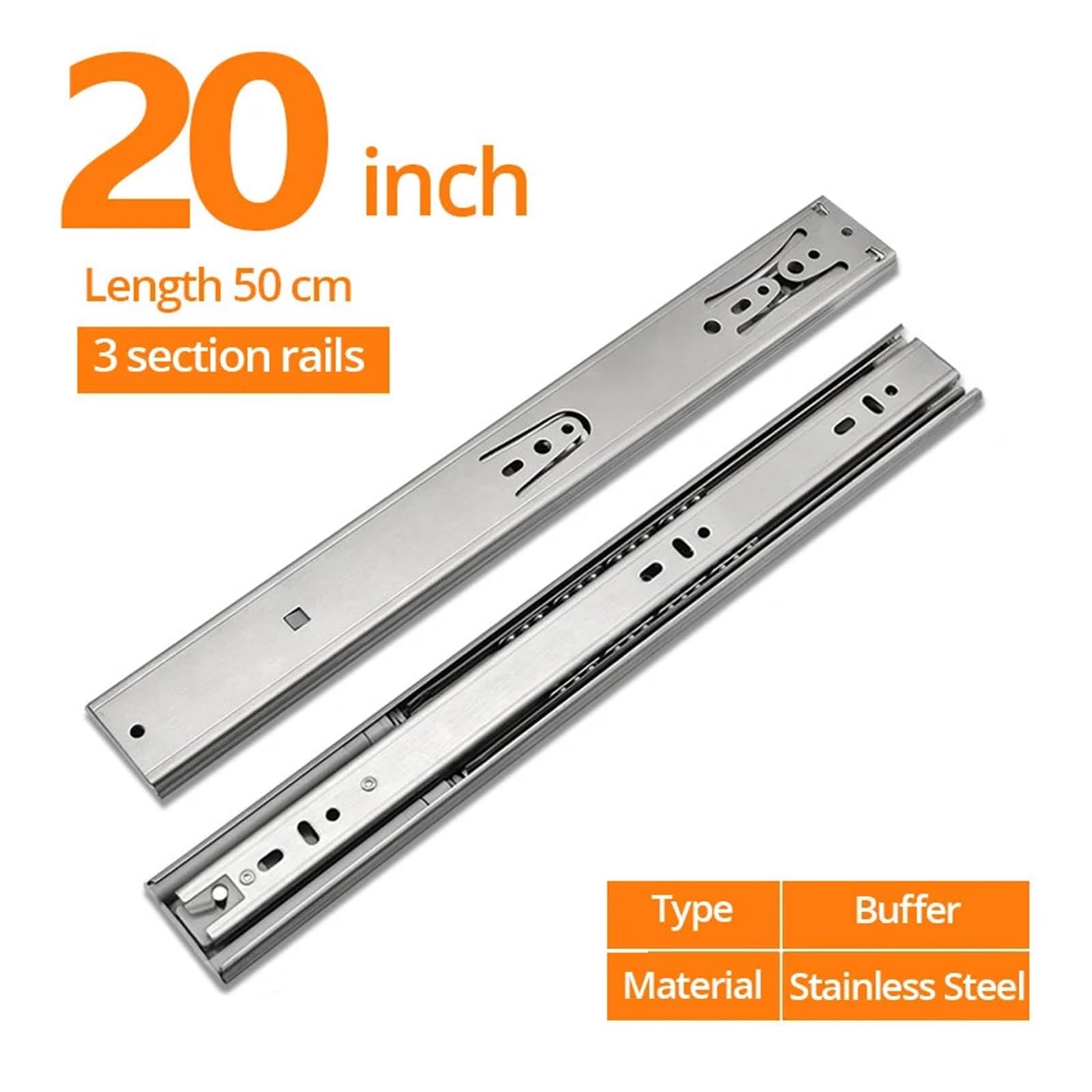 Guide for cassetti in acciaio inossidabile da 10" a 22" Binario for cassetti con chiusura ammortizzata Binari for cassetti a tre sezioni Rullo for mobili Ferramenta for mobili(20inch-50cm(Buffer))