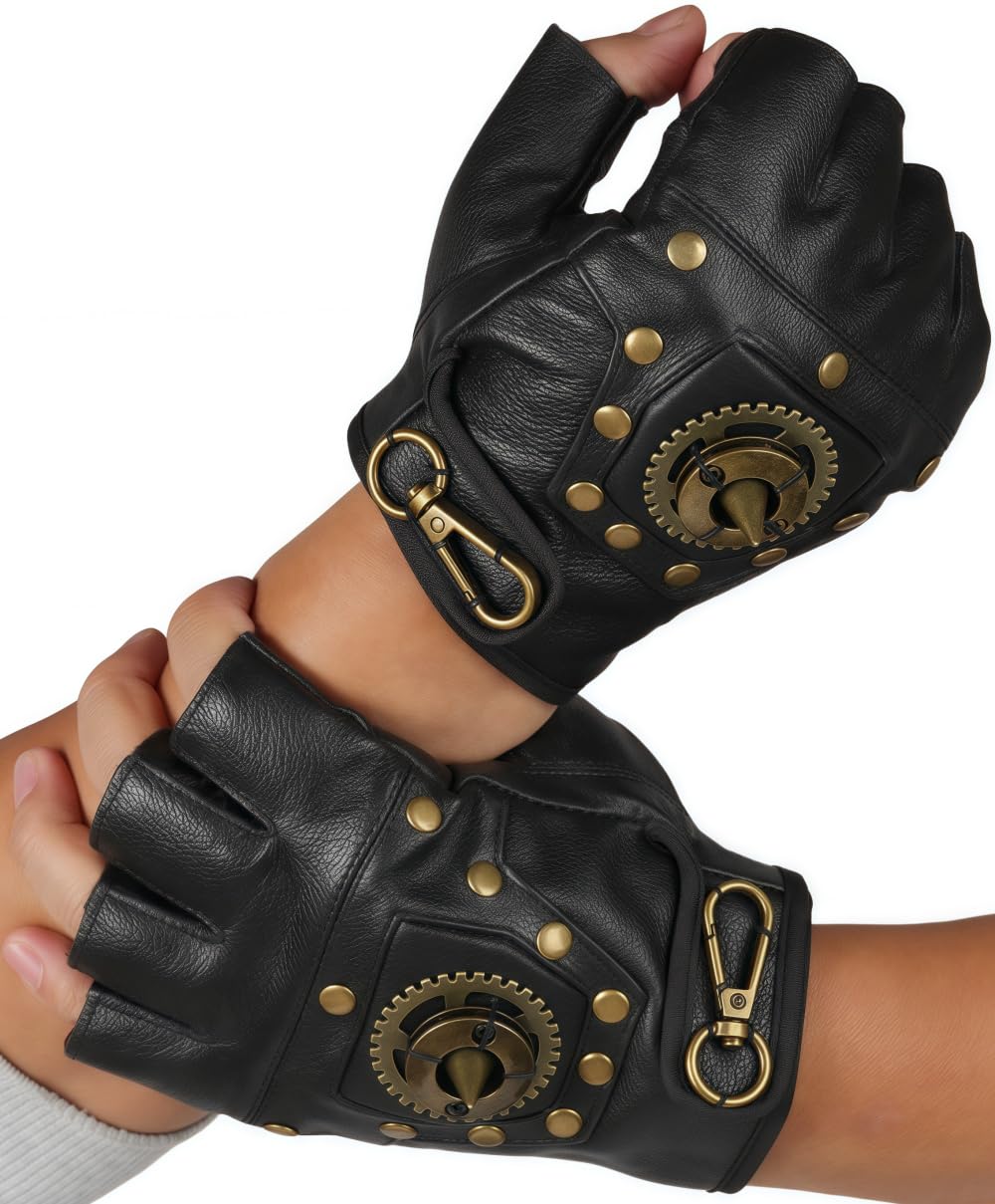 XWXLDD Steampunk Studded Leather Fingerless Gloves with Gear Detail, Black