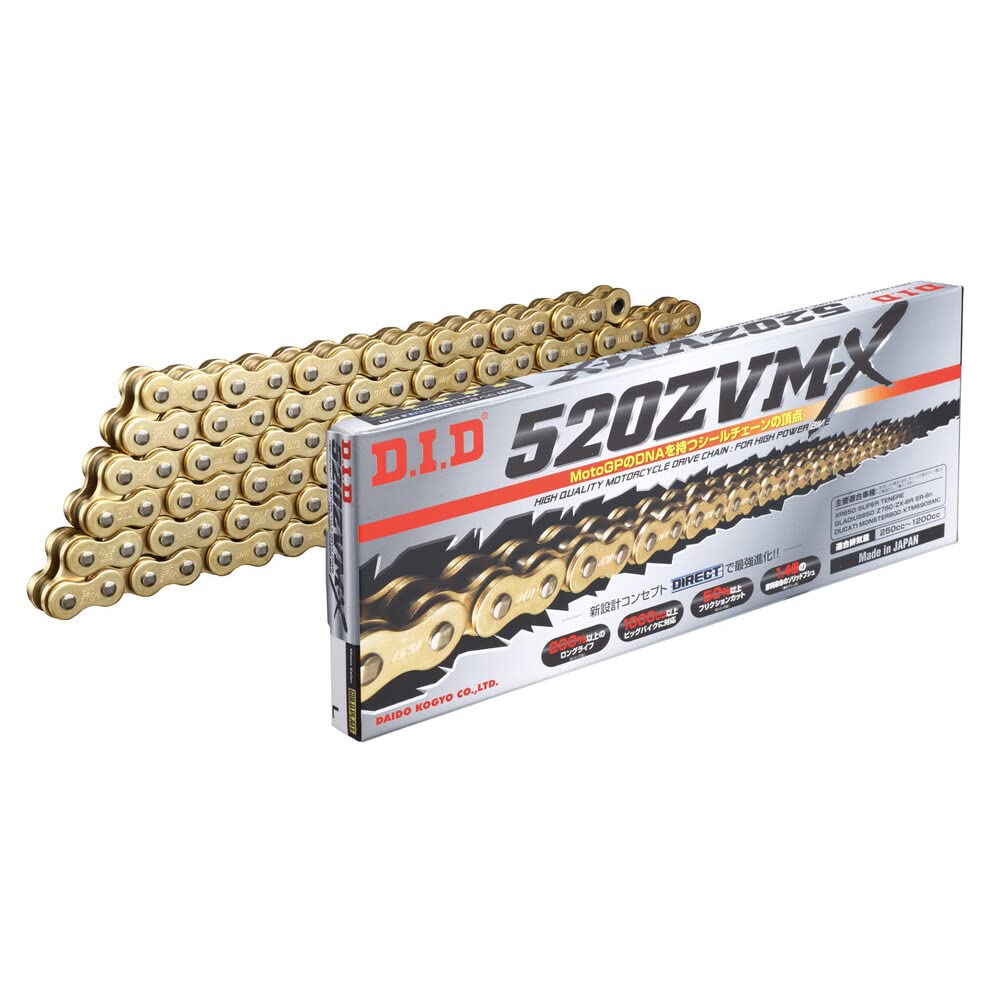 DID Kette 520 ZVMX, 100 Glieder, X-Ring, goldfarbene Innen- und Außenlaschen, Nietschloss