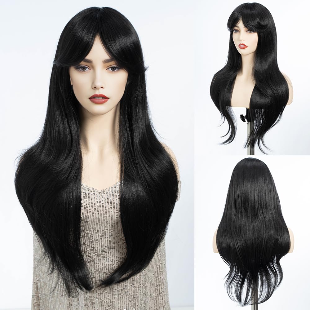 DÉBUT Long Black Wig With Fringe for Women Heat Resistant Synthetic Layered Hair Wigs With Bangs for Daily Party Cosplay Use(26 inches