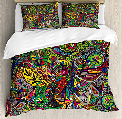 Best Deal Product Ambesonne Colorful Duvet Cover Set, Funky Curly Detailed Doodles Tangled Trippy Pyschedelic Botanical Nature, Decorative 3 Piece Bedding Set with 2 Pillow Shams, King Size, Green Red