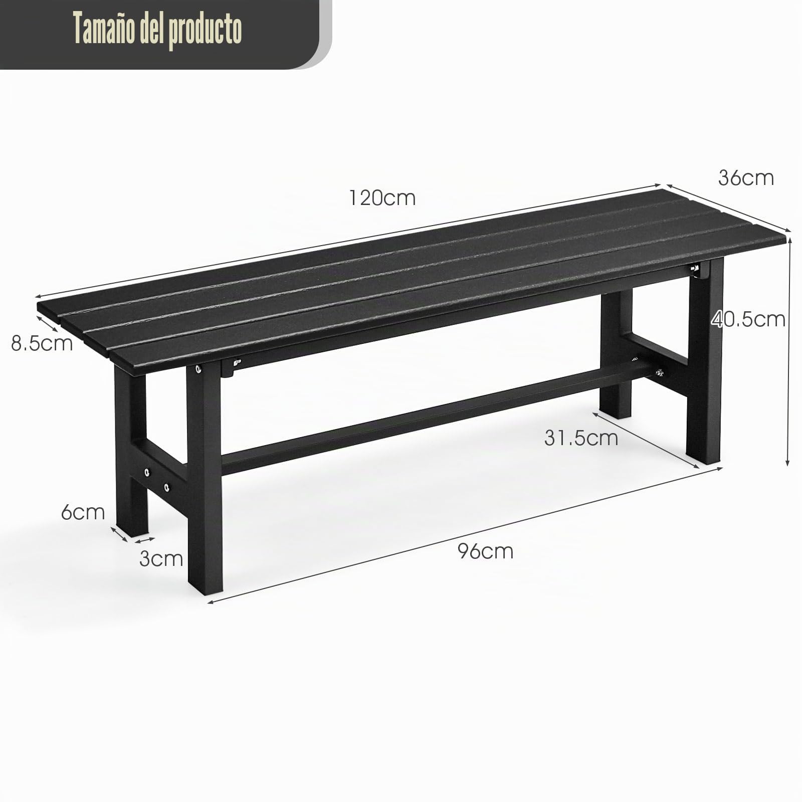 KOMFOTTEU Banco de Jardín de 2 Plazas, Banco de Metal con Carga de 300 kg, Banco de Parque Resistente a la Intemperie, Banco para Jardín, Patio, Balcón, 120 x 36 x 40,5 cm (Negro)