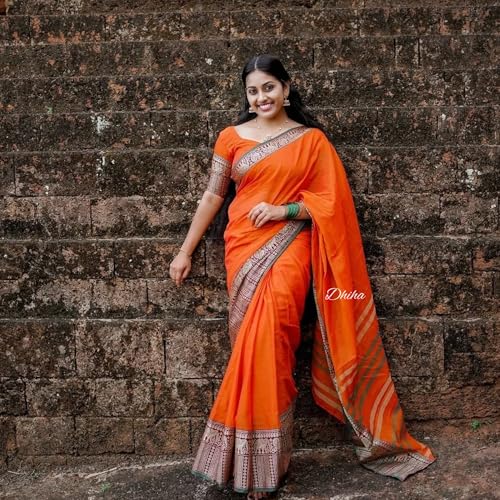 Image of Narayanpet Pure Cotton Saree for Women | Preethika Big Border Saree with Running Blouse | Tassels | Handloom Weave