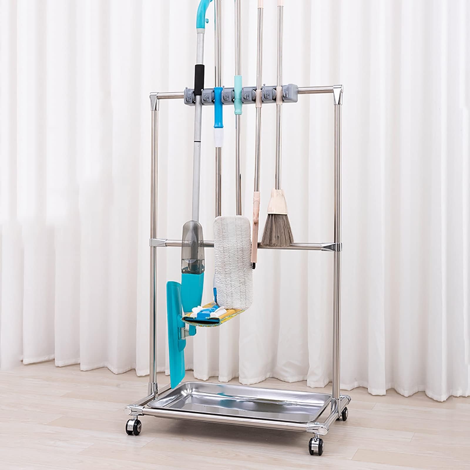 Tour d'outils de nettoyage et chariot de rangement de balai avec cintre de vidange intégré