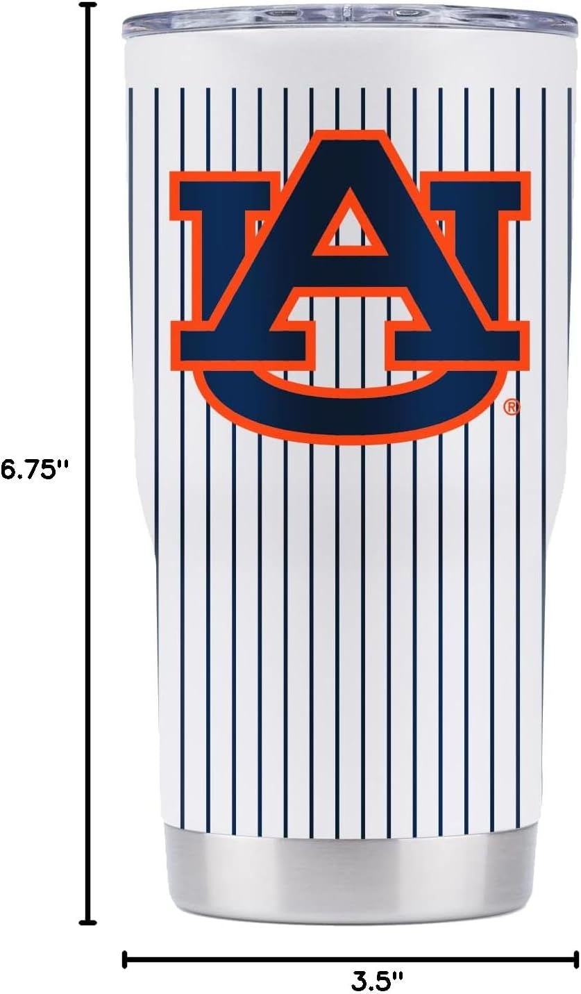 Gametime Sidekicks Auburn 20oz White Tumbler - Officially Licensed, 18/8 Stainless Steel, Double-walled, Vacuum-insulated, UV LED Printed Logos, Sweatless, Stays Hot/Cold - Baseball Pin Stripe