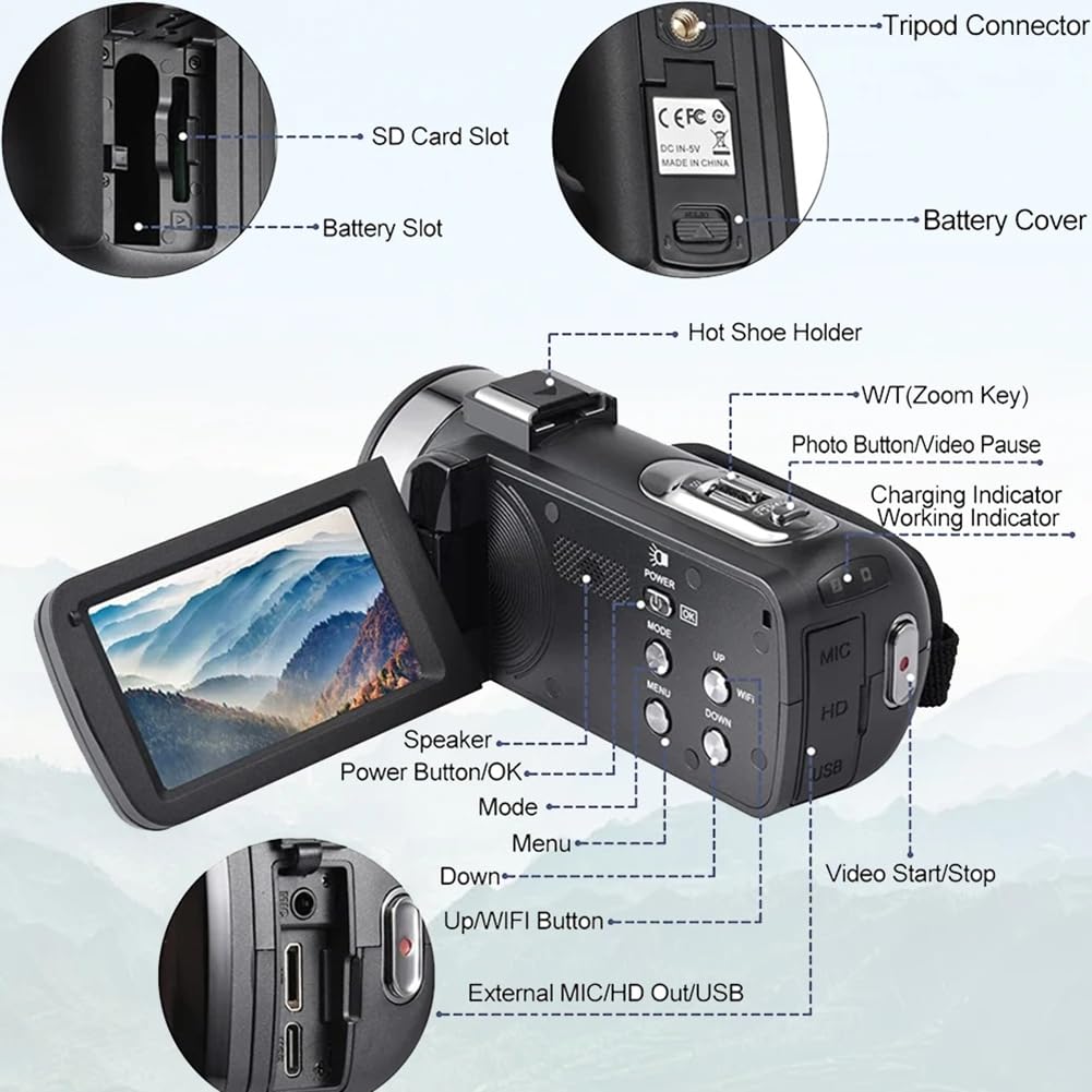 Stabilizzatore A Mano Camcorder Video 8K 64MP Zoom 18X Schermo Touch LCD da 3" Fotocamera WiFi con Microfono e Paraluce