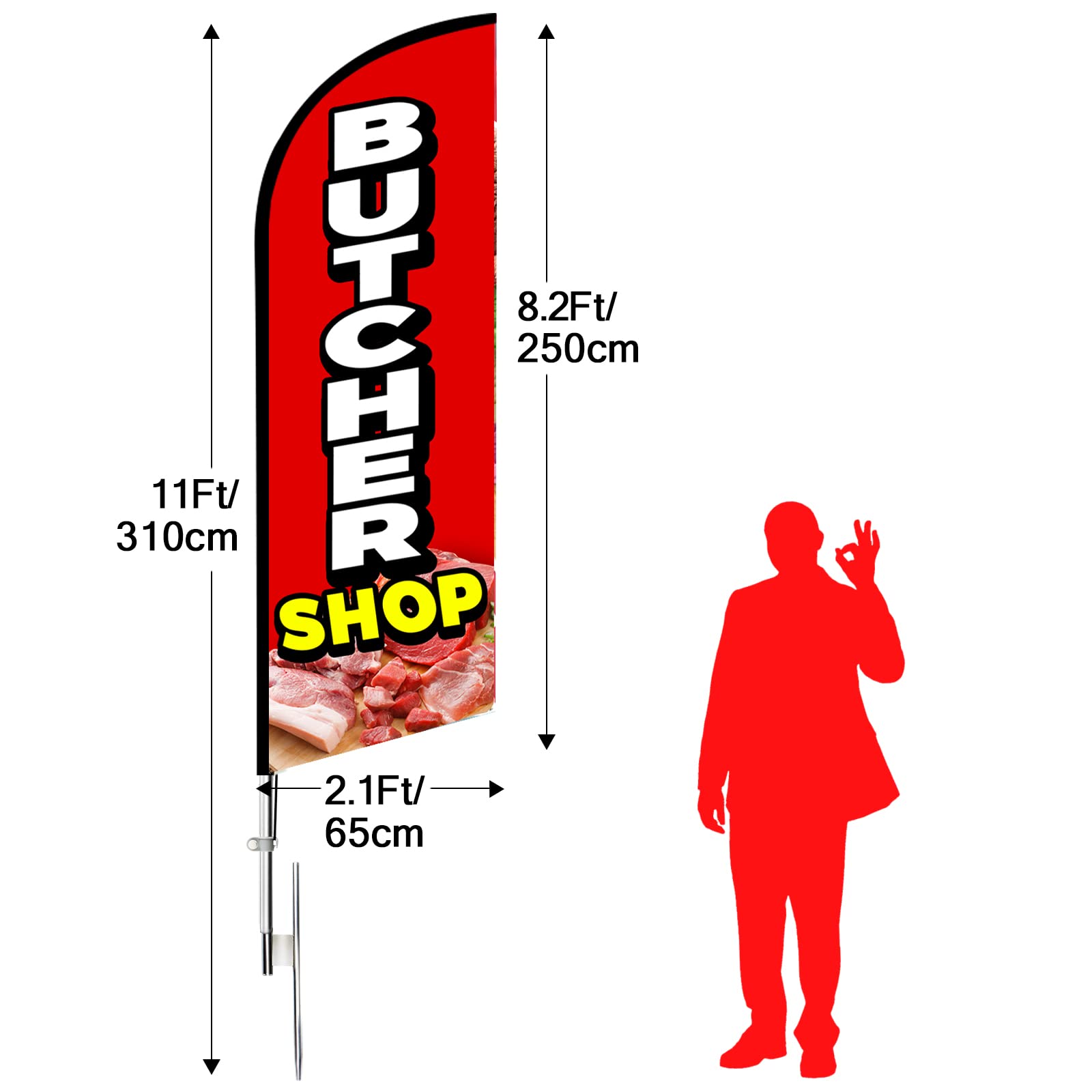 Metzgerei Swooper-Flagge, 30 m, Metzgerei, Werbeflagge mit Stangen-Set, Erdspieß, Metzgerei, Schilder, Federflagge für Unternehmen und Schaufenster