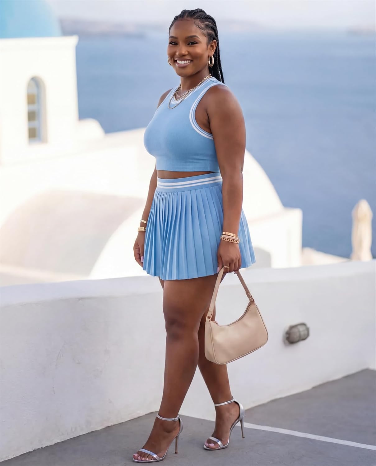 CALEBGAR Two Piece Tennis Skirt Set for Women Color Block Tank Top High Waisted Pleated Athletic Skirt with Shorts Golf Dress