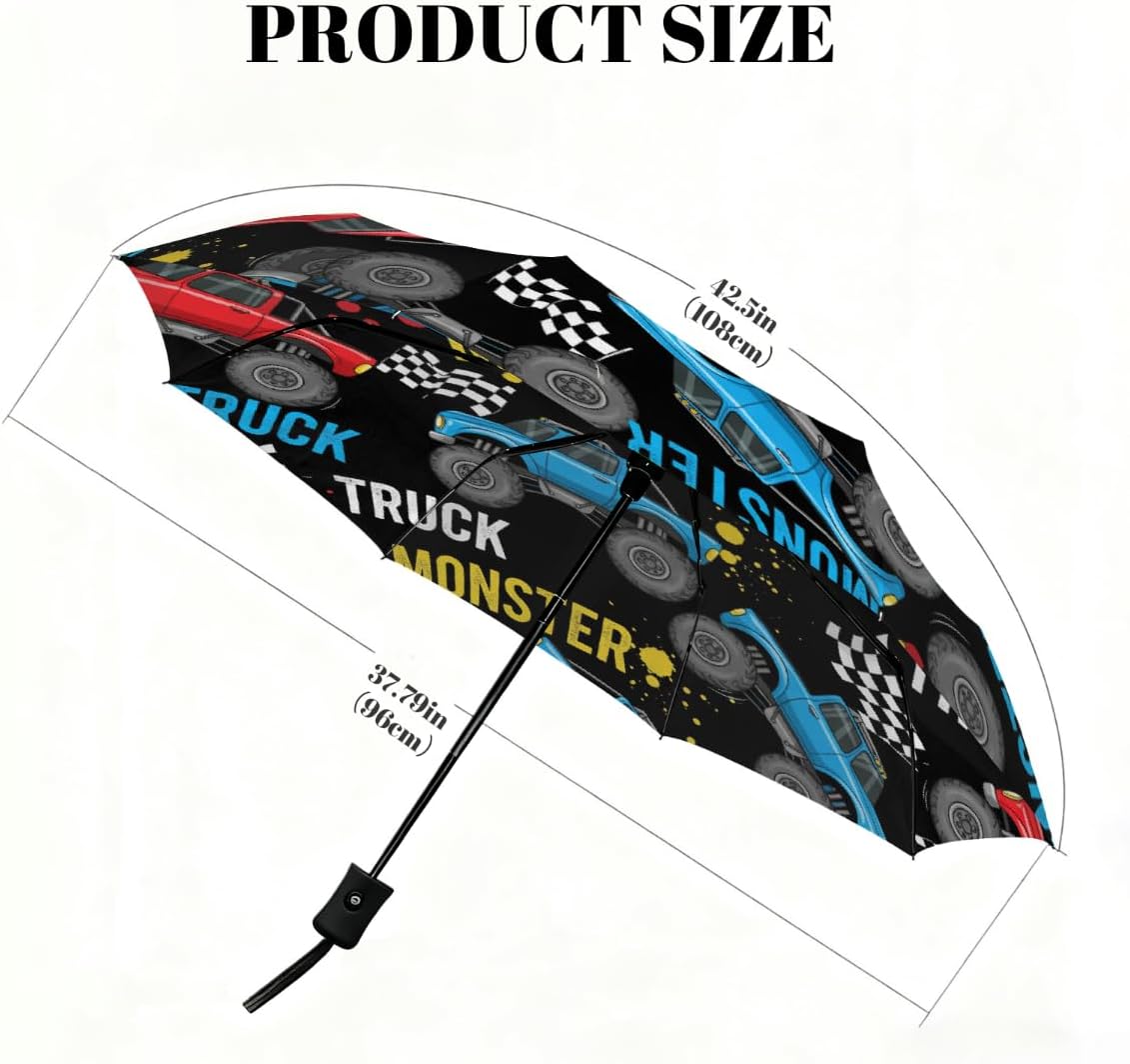 Travel Umbrella for Rain, Monster Car Truck Windproof Small Compact Automatic Reverse Fold Umbrellas for Kids Women, Auto Open Close Cute Umbrella for Commute, Car, Backpack
