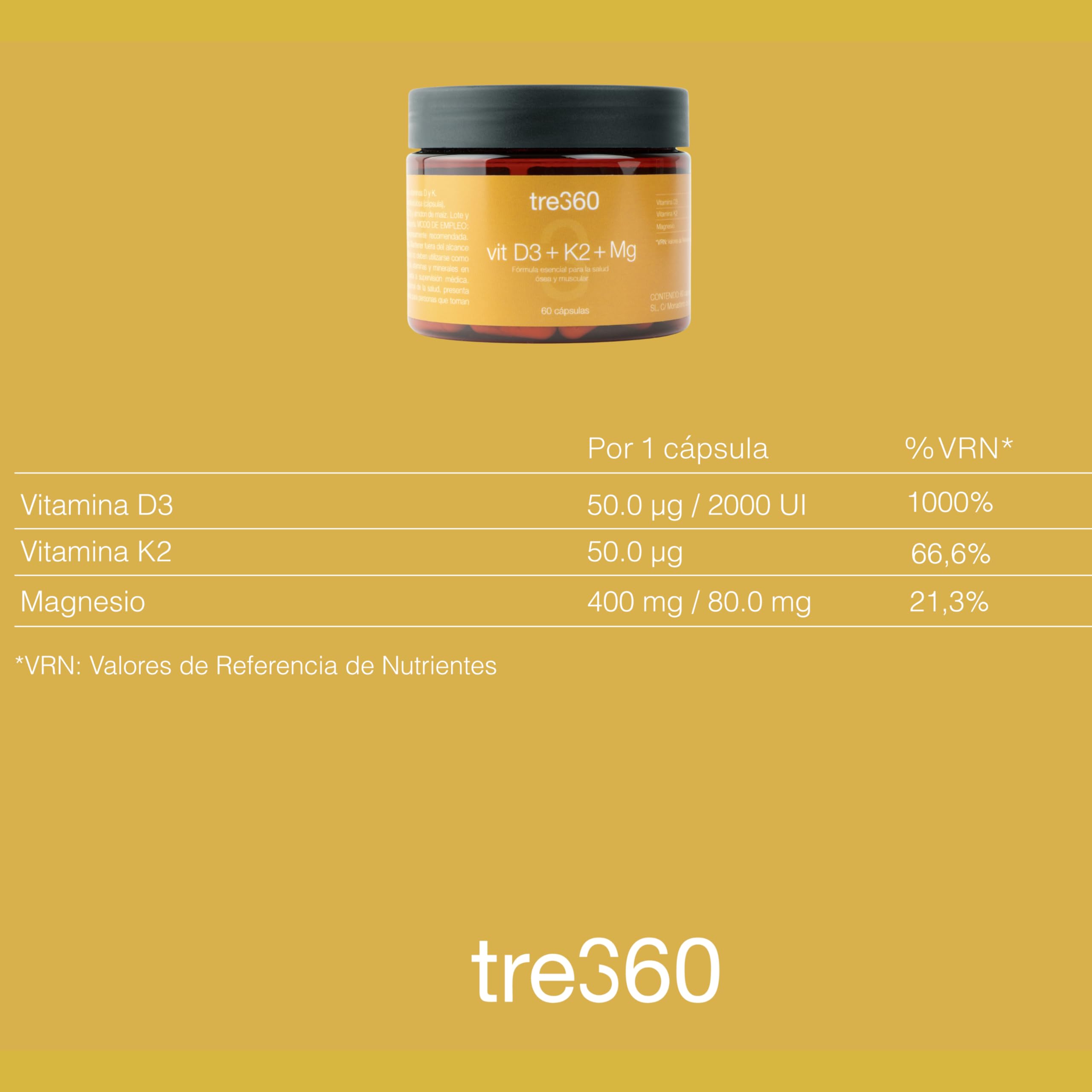 Tres60 - Vitamina D3 + K2 + Magnesio – 60 Cápsulas – Vitamina D3 2000 UI (50µg) con K2 MK7 y Magnesio Bisglicinato – Soporte para Huesos, Músculos e Inmunidad – Alta Absorción