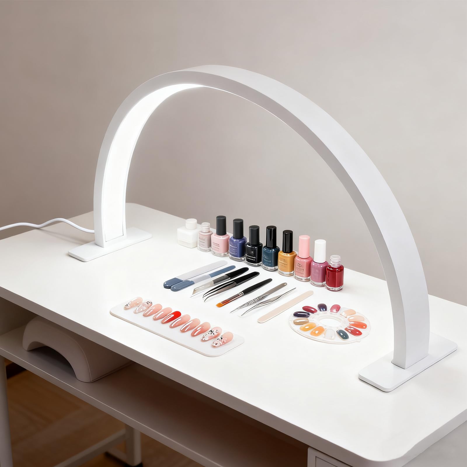 Half Moon Nail Desk Lamp, 3000K‑6500 Adjust Brightness Eyelash Beauty Lamp Tattoo Light Half Moon Lamp for Lash Extension Beauty, Skincare, 25W Desktop LED Light (UK Plug)