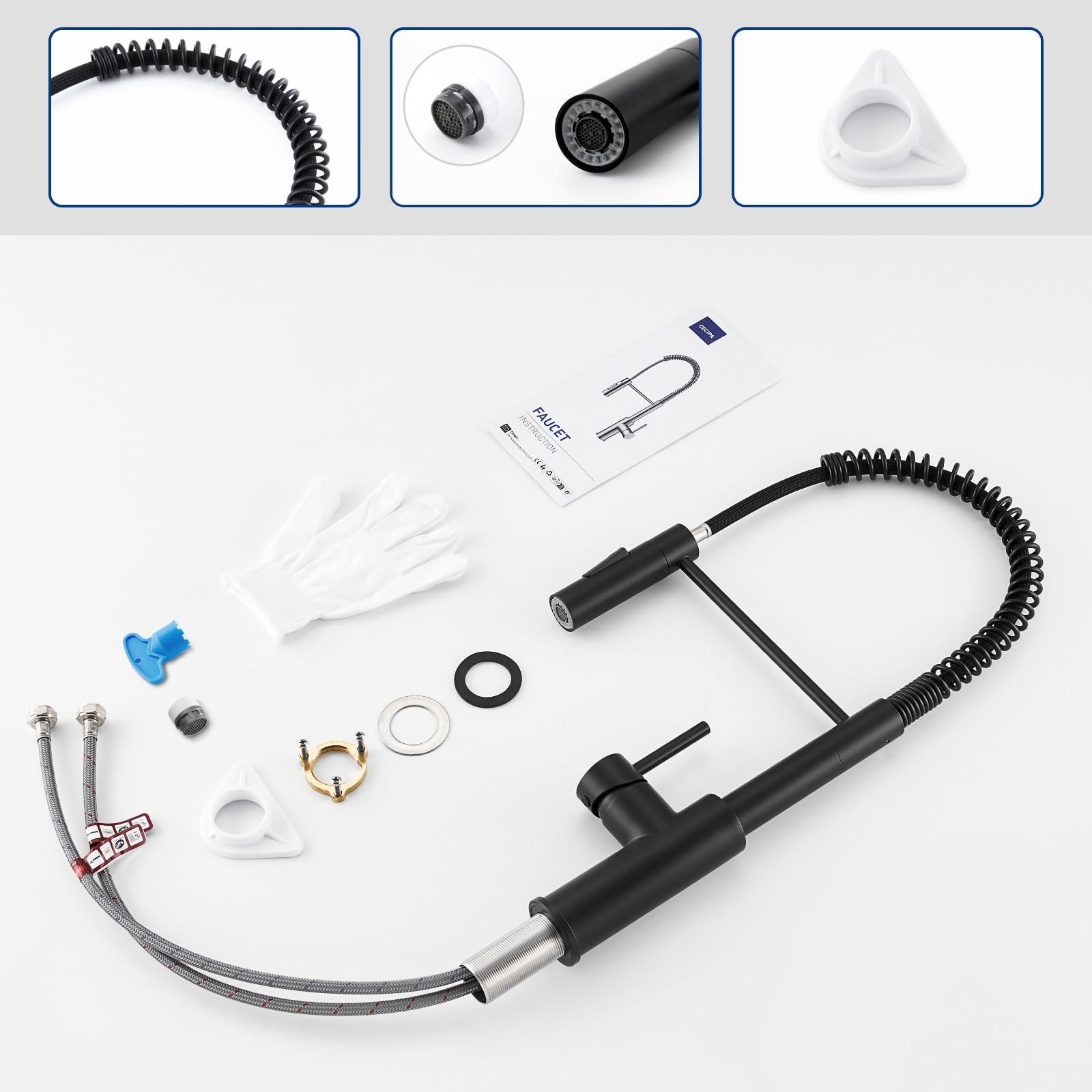 CECIPA Rubinetto Cucina Nero con Molla e 2 Tipi di Getto, Arco Alto Miscelatore Cucina Nero con Doccetta Estraibile, Rubinetto Lavello a Girevole 360°, Miscelatore in Acciaio Inox