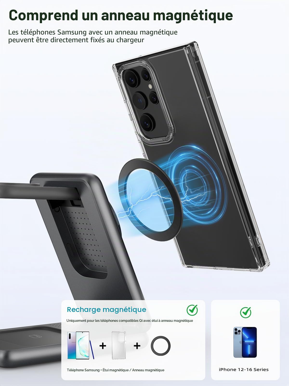 Station de Charge Magnétique pour Samsung, Chargeur Induction Mag-Safe pour Galaxy S25Ultra S24, Chargeur de Montre Samsung à éjection en Un clic pour Galaxy Watch Ultra 8 7 6 Buds Pro (Argent)