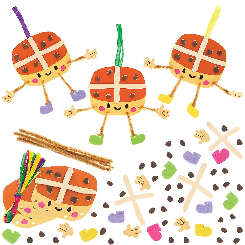 Baker Ross WA126 Hot Cross Bun Mix & Match Decoration Kits - Pack of 8, Fun Foam Craft Kits with Pipe Cleaners for Easter