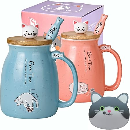 Tazza Gatto In Ceramica Con Coperchio - 380ml, Cucchiaio A Zampa, Sottobicchiere, Regalo Per Amanti Dei Gatti - Foto 5