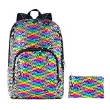 HeySun Reversible Sequins Bookbag Backpack Magic Travel Sequence Backpack with Pen Case (Rainbow/Silver)
