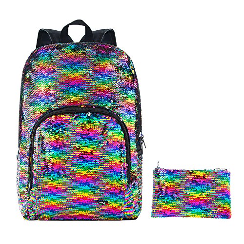 HeySun Reversible Sequins Backpack Magic Bookbag for Girls Sequence Backpack with Pen Case (Rainbow/Silver)