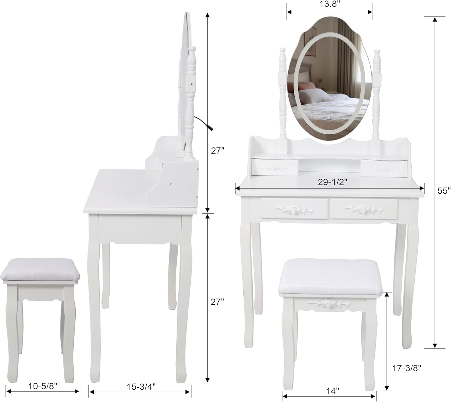 ZenithX White Princess Vanity Desk Set with Lighted Mirror & Cushioned Stool - 4-Drawer Wooden Dressing Table for Girls’ Bedroom, Makeup Storage Vanity