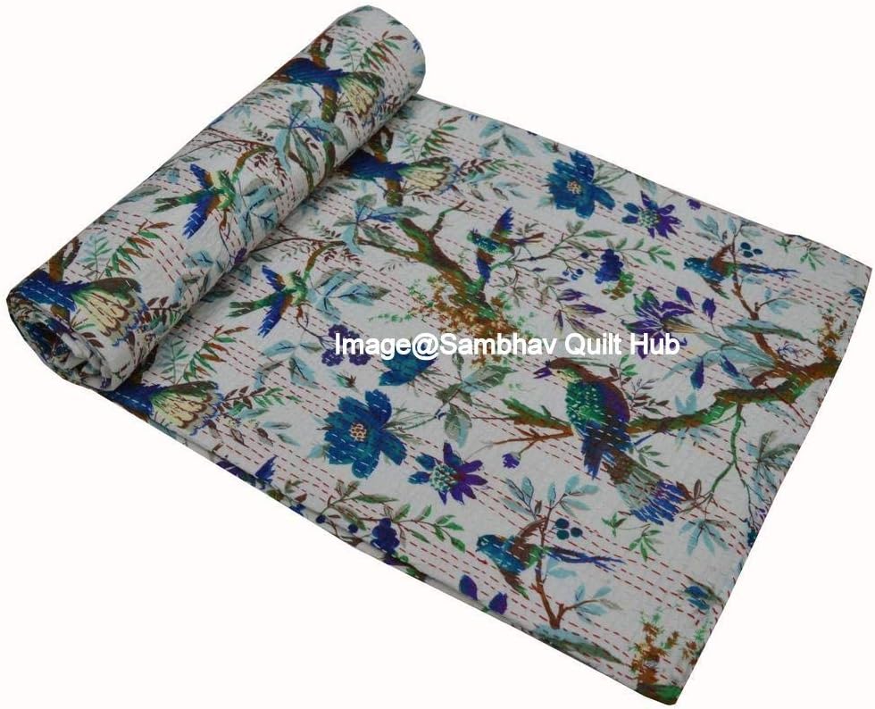 Queen/Twin/King Kantha White Bird Home Decor Bed Bohemian Bird Queen Bedspread Handcrafted Handmade Quilt Kantha Bird Print Cover Unique Blanket Bedding Quilt (90X108 inch)
