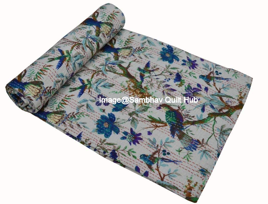 Colcha Kantha Kantha hecha a mano de la India, para cama de matrimonio, Kantha Rallies, reversible, para decoración del hogar, colcha Kantha (60 x 90 pulgadas)