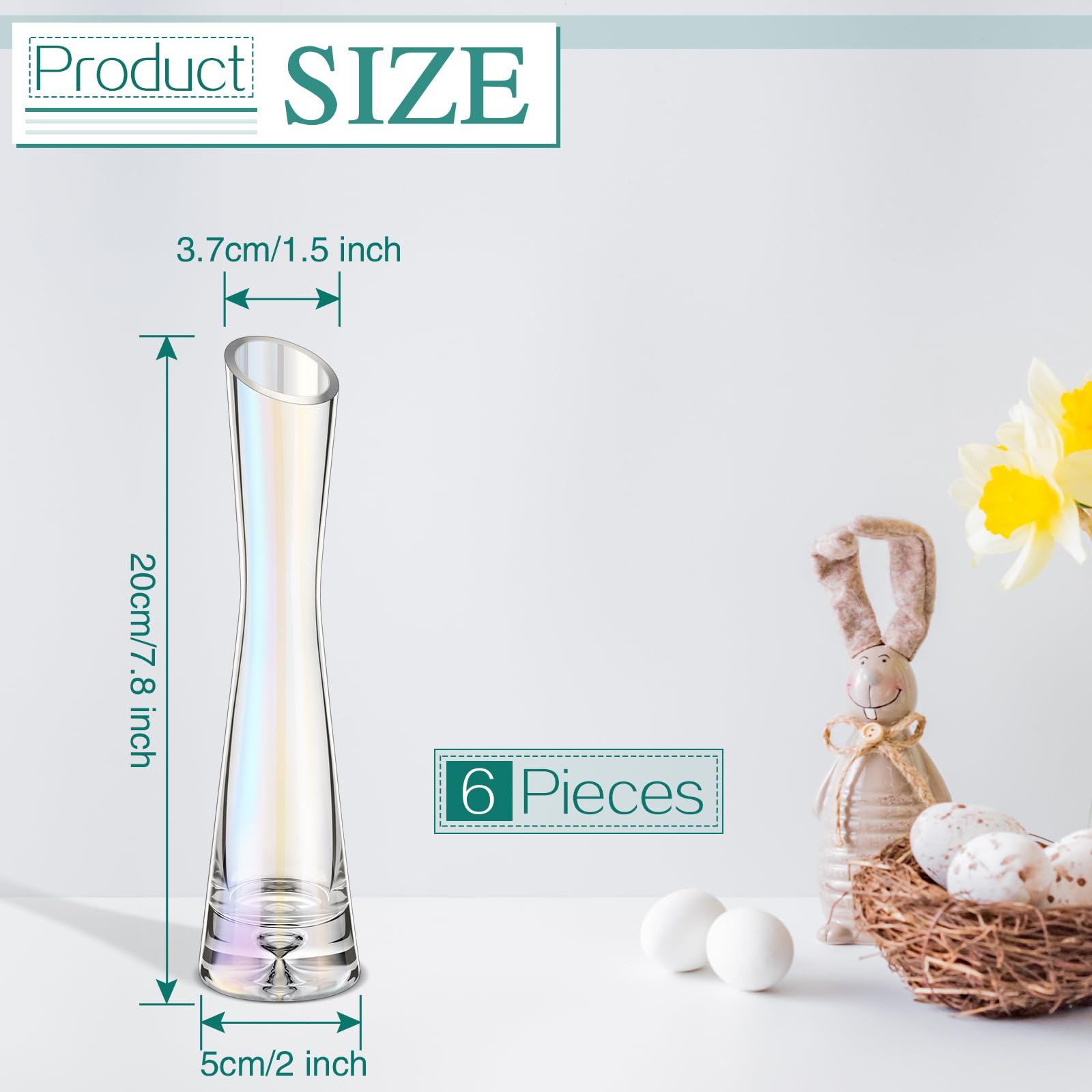 Lallisa 6 Pcs Glass Bud Vases for Centerpieces Maria Bud Vase Modern Clear Small Skinny Decorative Single Flower Vase for Wedding Party Event Home Office Decoration(Iridescent, 7.87 Inch)