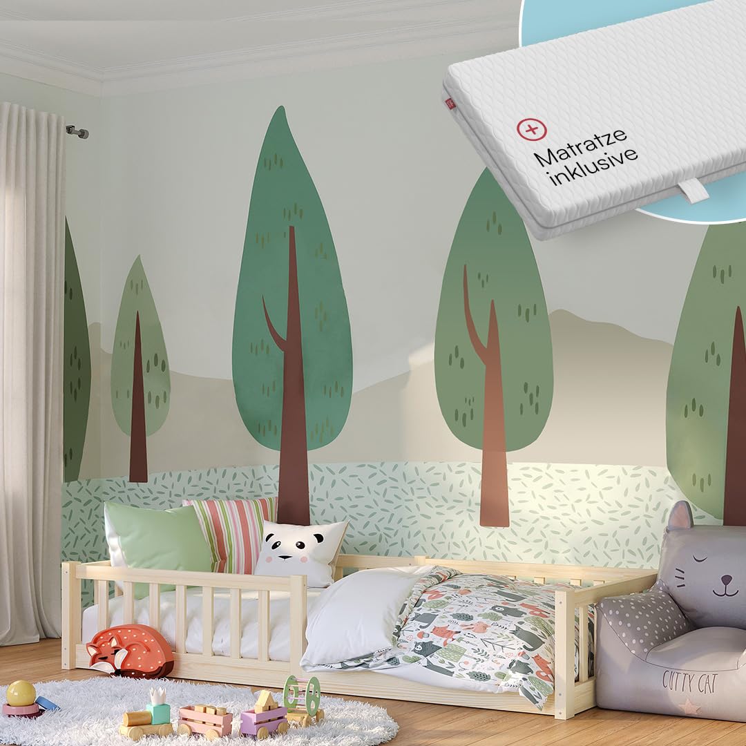 Bellabino Vere Bodenbett 90x200 cm – Montessori-Kinderbett mit Matratze, Rausfallschutz & Lattenrost (Natur)