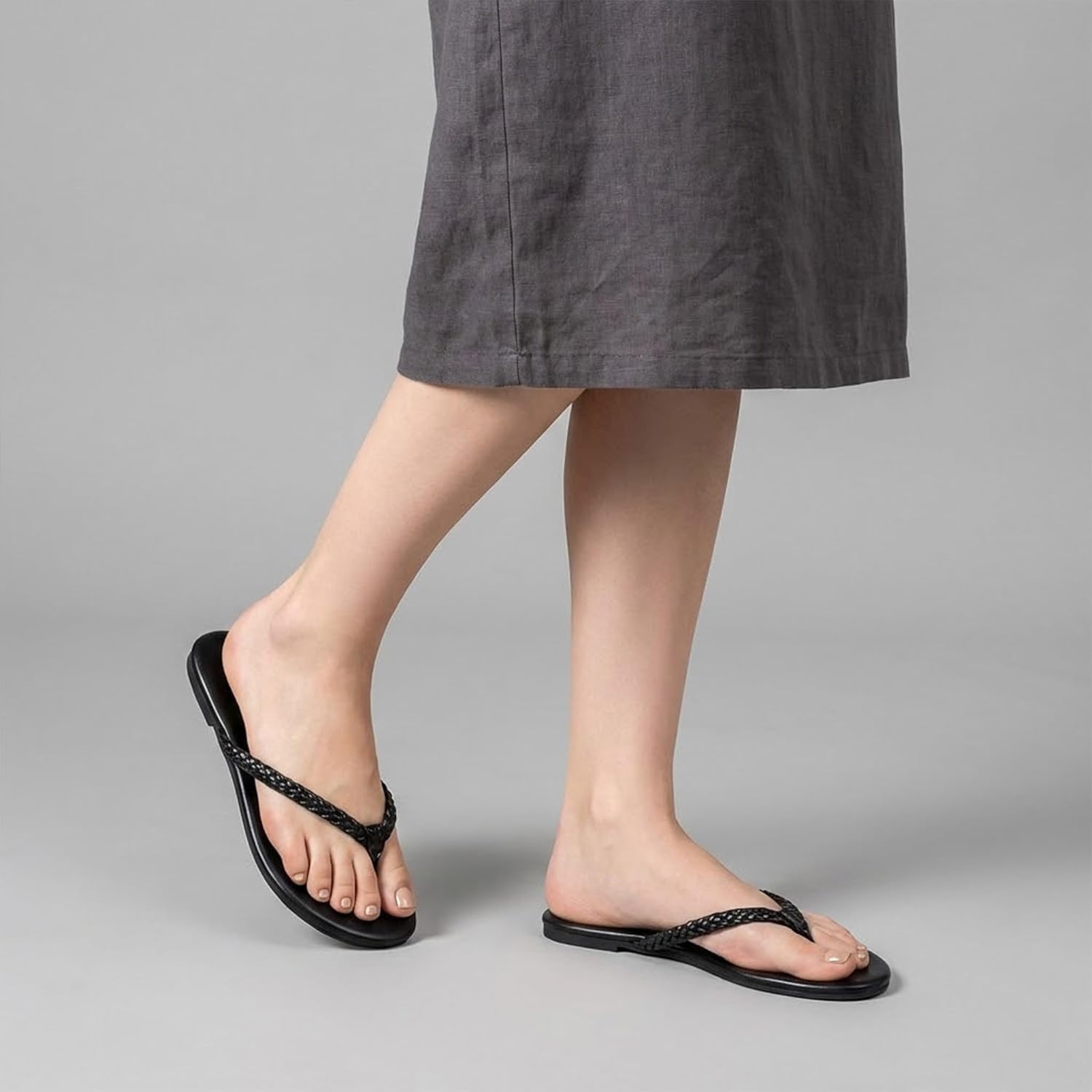 mazeskin Women's Memory Foam Comfortable Braided Flip Flops Leather Slide Dressy Summer Beach Flat Thong Sandals - Image 6