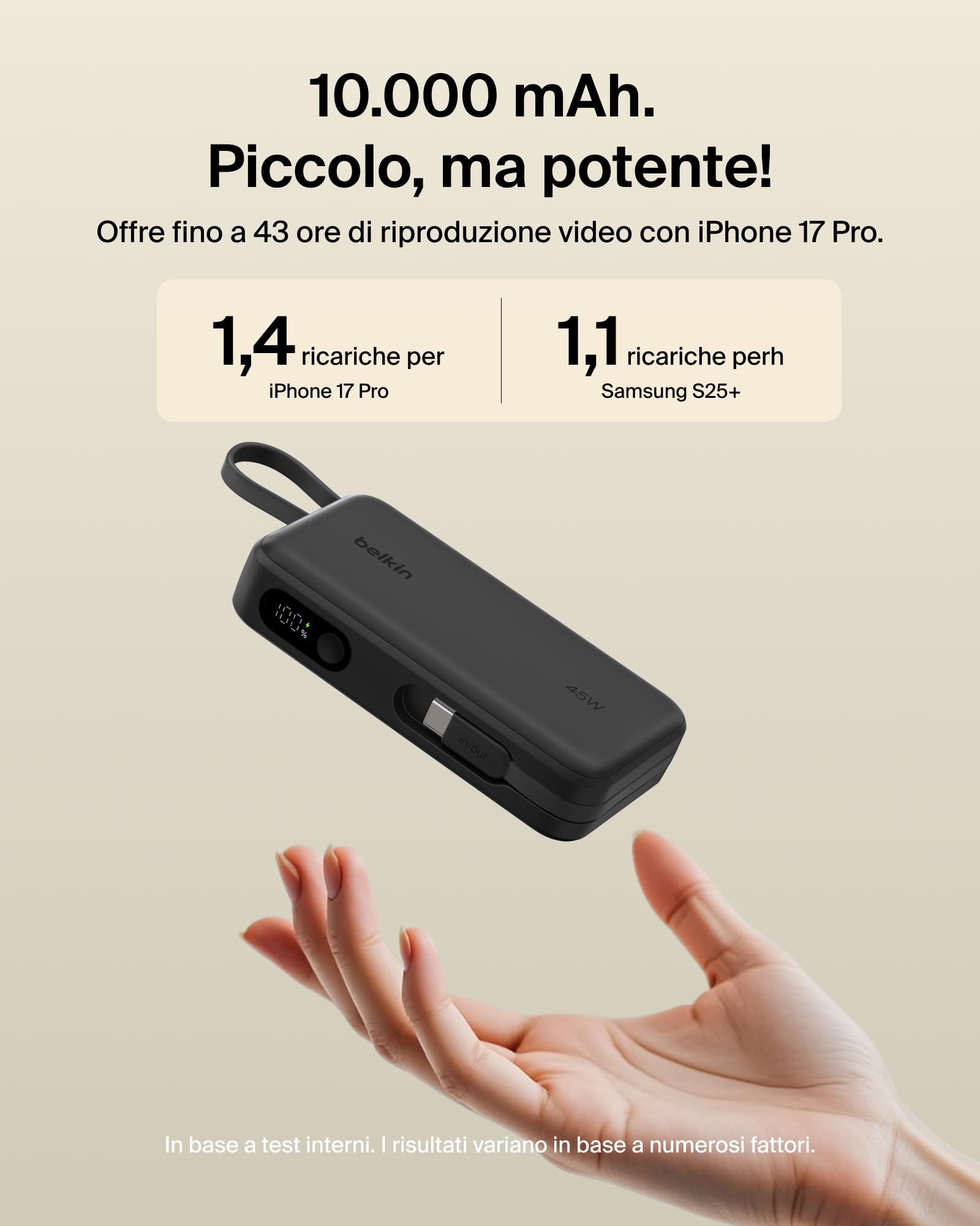Belkin UltraCharge Power Bank 10000mAh con Cavo USB-C e Display - Nero | Caricatore Portatile 10000mAh, Ricarica 3 dispositivi (1 USB-C, Cavo USB-C Integrato, 1 USB-A), 45W, Pre-Caricato, Display