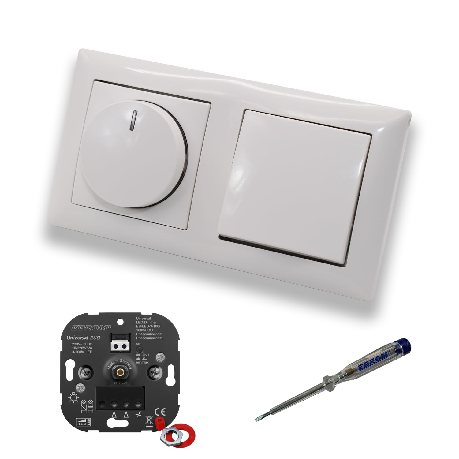 EBROM 1003 Universal ECO LED Drehdimmer Dimmer + Busch Jäger Dimmerscheibe 2115-914 und Kreuzschalter 2000/7 US in Balance Si alpinweiß glänzend inklusive EBROM Phasenprüfer zur Montage der Geräte