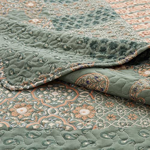 LEAONME 2 Pieces Twin Size Quilt Set Olive Green Paisley Bedspread Coverlet Lightweight Microfiber Bedding Set 68x86 Inch Bed Cover for All Seasons (1 Quilt, 1 Pillow Sham)