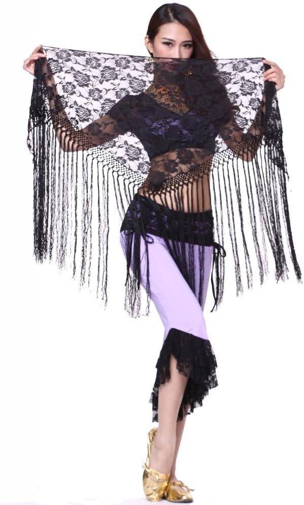 Women's Belly Dance Long Tassels Lace Triangle Hip Scarf