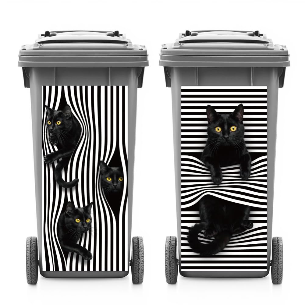 ANATTASOUL 2 Sheets Spring Wheelie Bin Stickers Funny Black Cat Waterproof Dustbin Covers Decor, 14.9"x 32.2" Adhesive Large Decal for Bins, Fridge, Wall Outdoor, Indoor Decoration