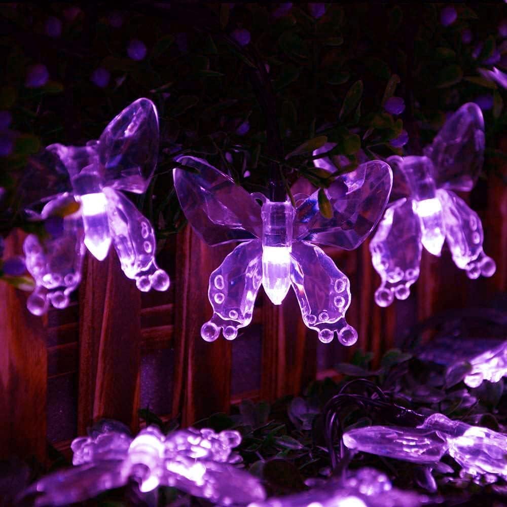 UsmooJoy Butterfly Solar String Lights Outdoor Waterproof Solar Fairy Butterfly Lights 8 Modes Garden Decorative Light for Patio Yard Fence Wedding Party Porch Balcony (Purple, 7m 50LED)