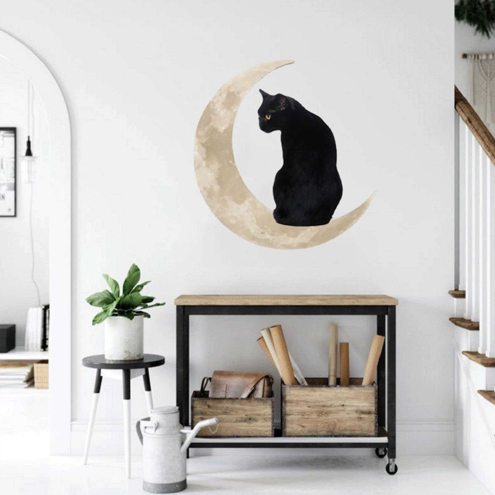 Décoration murale de chat noir en métal | Sculpture murale de chat noir en métal | Silhouette de chat noir avec phase de lune, décoration d'intérieur de style bohème pour salon