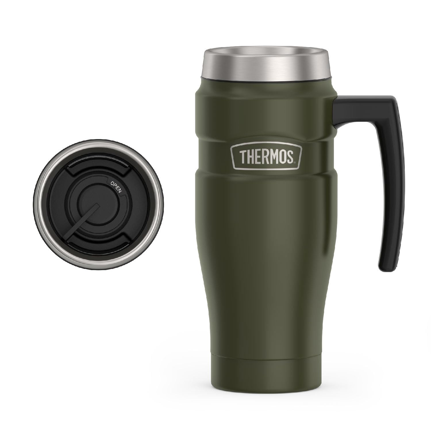 Stainless King Vacuum-Insulated Travel Mug with Handle - 16oz, Army Green - Thermos Tumbler for Hot & Cold Drinks - Leak-Proof & Sweat-Proof Stainless Steel Coffee Mug with Lid for Commuting