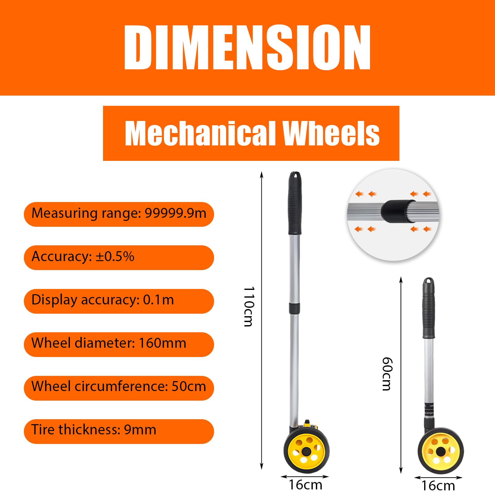 Roue de Mesure de Distance Numérique 9999.9m, avec Poignée Télescopique 45-102cm, Odometre a Roue pour Arpentage, Construction