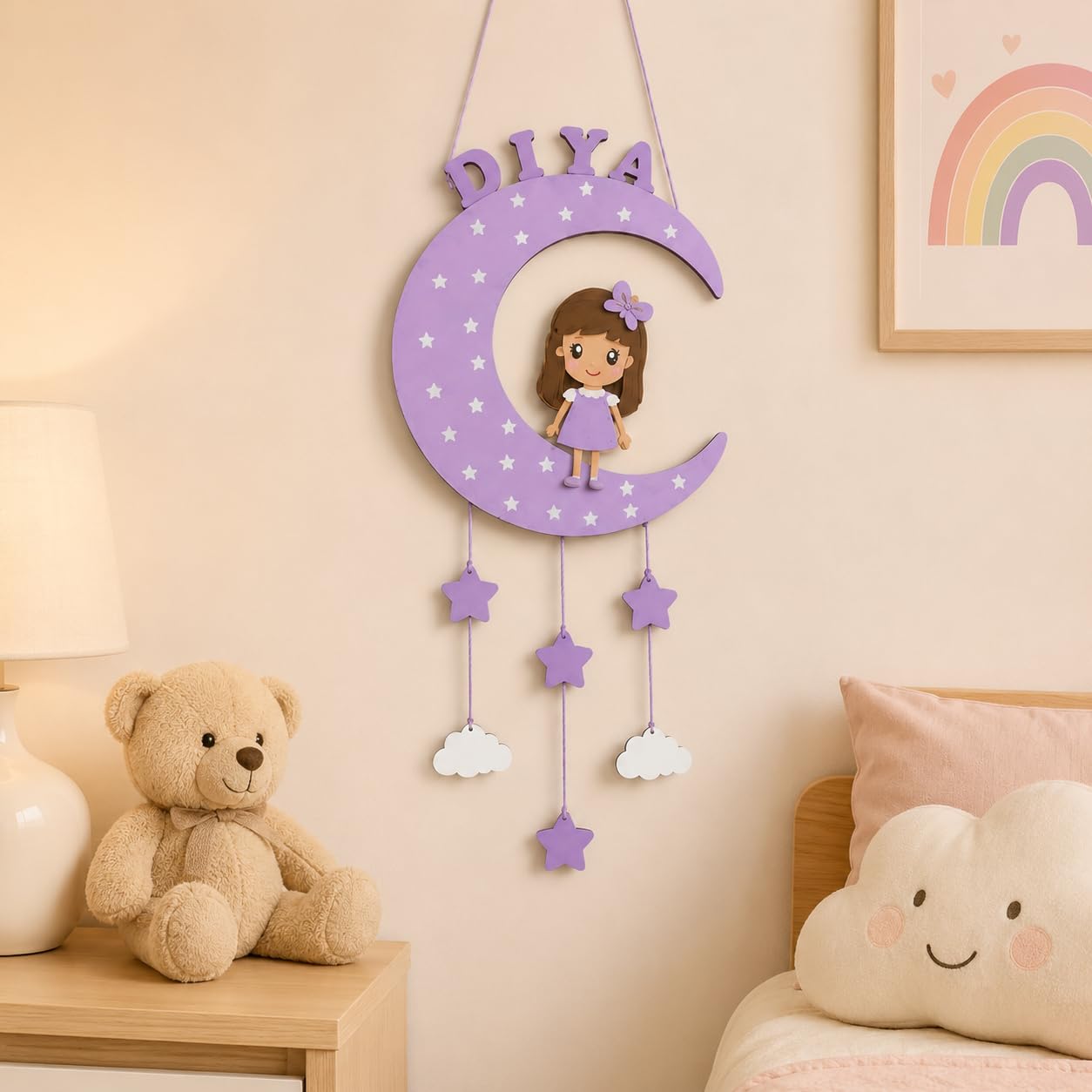 Personalized Moon Name Plate for Kids Room Décor | Customised Baby Girl Nursery Wall Hanging | Wooden 3D UV Printed Crescent Moon with Stars & Clouds | Customized Name Decor for Bedroom & Birthday Gift - 18 x 10 Inches-picture-10