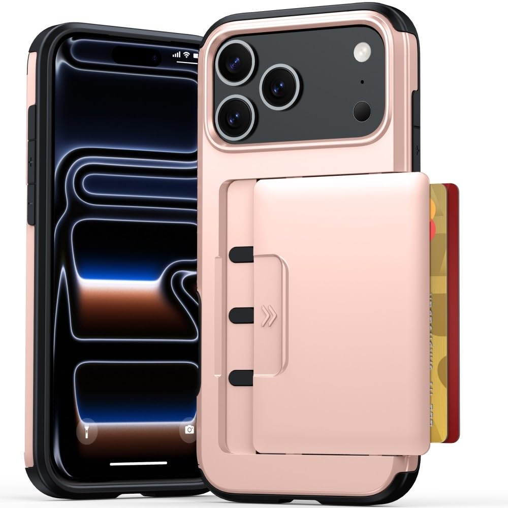 Generic Funda compatible con iPhone 17 Pro Max (color: oro rosa), tarjetero deslizante, funda rígida de silicona