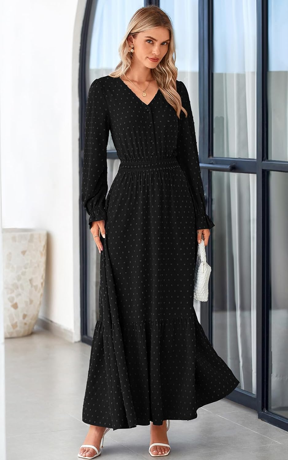 PRETTYGARDEN Women's 2025 Maxi Dress Long Sleeve V Neck Flowy Swiss Dot High Waist Casual A Line Fall Wedding Guest Dresses - Image 6