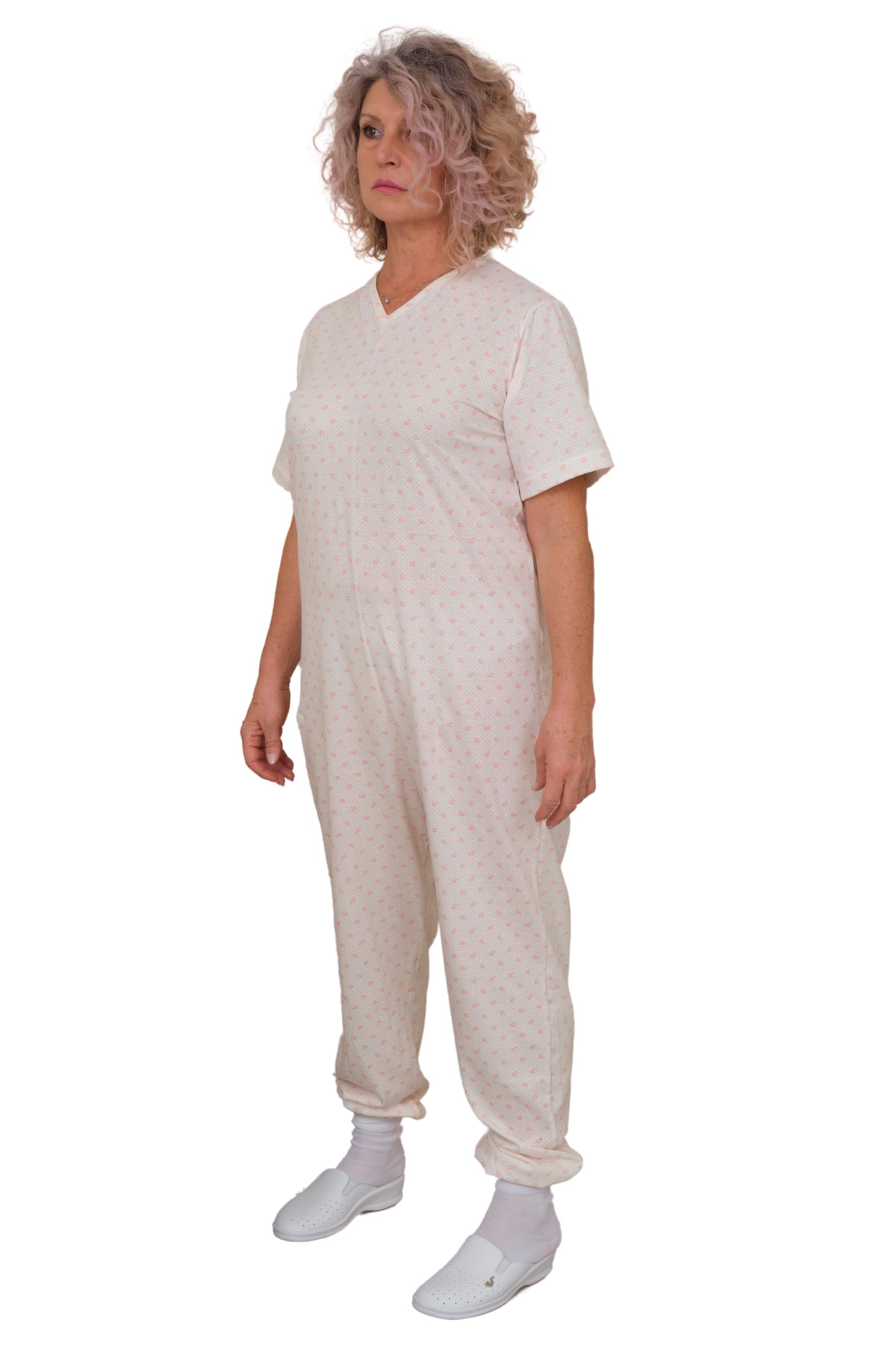 Pijama sanitario con cremallera en el lomo, mono entero 100% algodón, manga corta, pantalón largo - 9012/3 - para estaciones intermedias, tejido ligero, para ancianos, Alzheimer, incontinencia