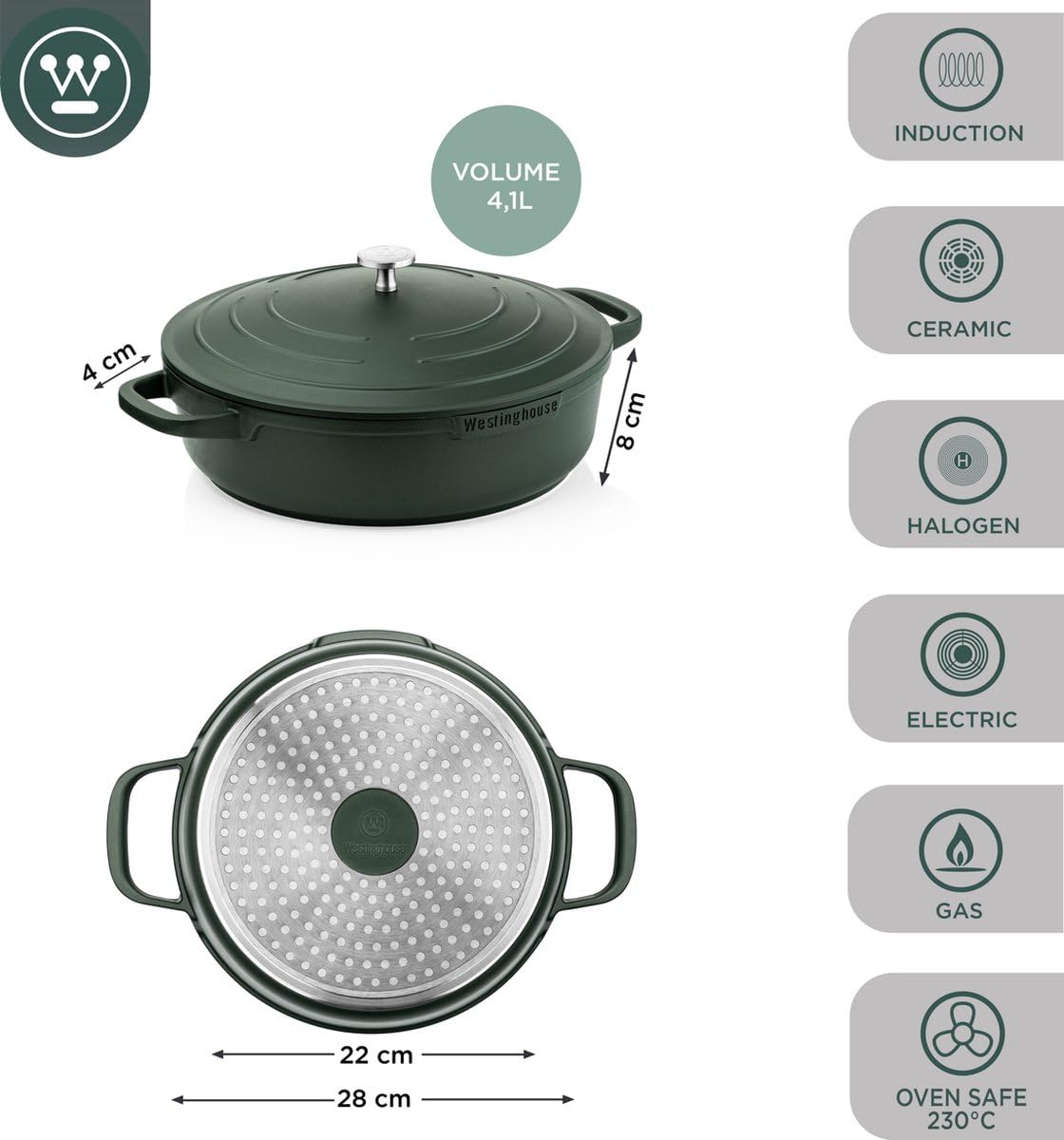Westinghouse Performance Series 28 cm Green Casserole Sauté Pan with Lid & Handle Holder | Non-Stick, Induction & Oven Safe, Dishwasher Friendly | Heavy-Duty Aluminum Cookware for All Hobs 2